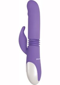 Thick and Thrust Bunny Rechargeable Silicone Rabbit Vibrator with Length Thrusting and Girth Expanding Action - Lavender