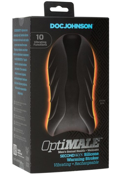 OptiMALE Secondskyn Silicone Warming Stroker Vibrating USB Rechargeable Masturbator 5.5in - Black