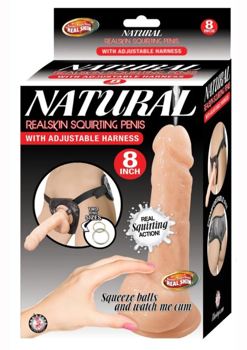 Natural Realskin Squirting Penis with Adjustable Harness 8in - Vanilla