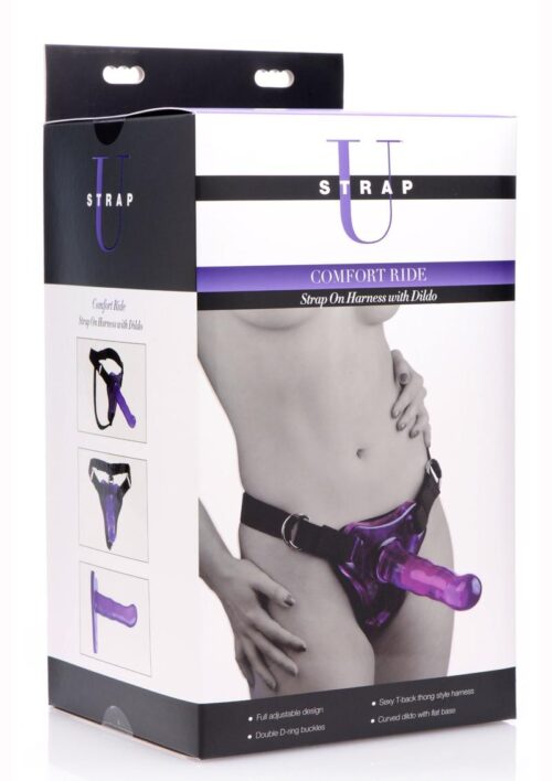 Strap U Comfort Ride Strap On Harness with Purple 7in Dildo - Black