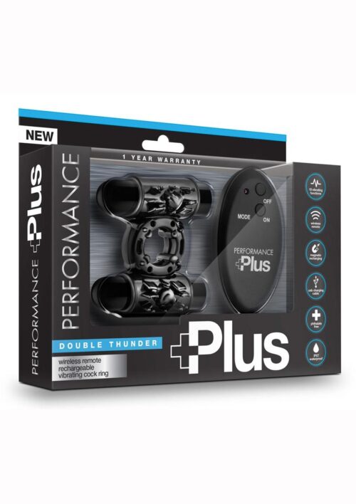 Performance Plus Double Thunder Rechargeable Vibrating Cock Ring With Remote Control - Black