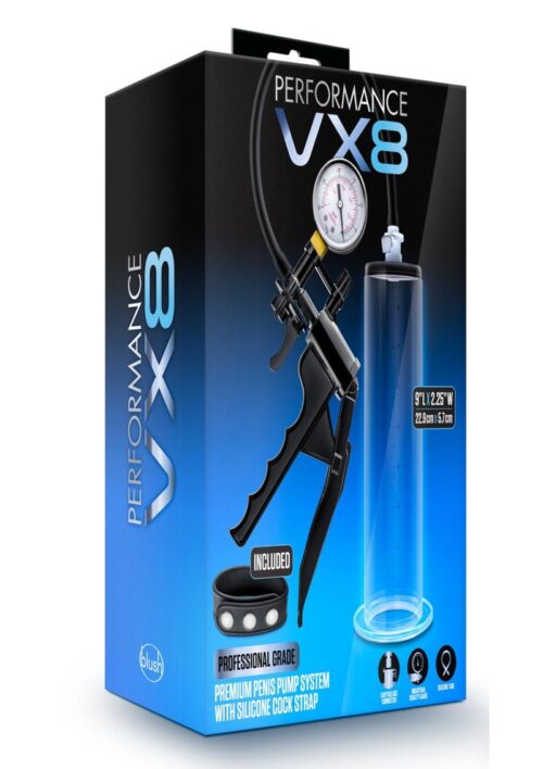 Performance VX8 Premium Penis Pump System with Silicone Cock Strap 9in - Clear