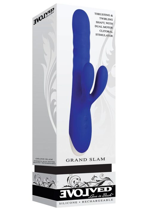 Grand Slam Thrusting and Twirling Rechargeable Silicone Vibrator with Clitoral Stimulator - Blue