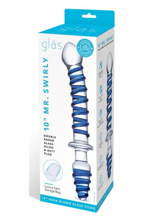 Glas Mr Swirly Double Ended Glass Dildo and Butt Plug 10in - Blue/Clear
