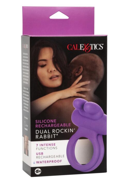 Silicone Rechargeable Dual Rockin Rabbit Multi Speed Cockring Waterproof Purple