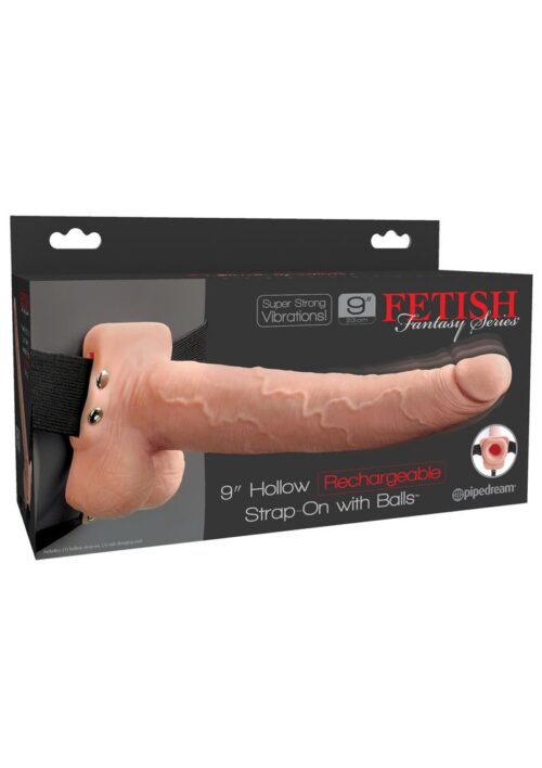 Fetish Fantasy Series Hollow Rechargeable Strap-On Dildo with Balls and Harness 9in - Vanilla