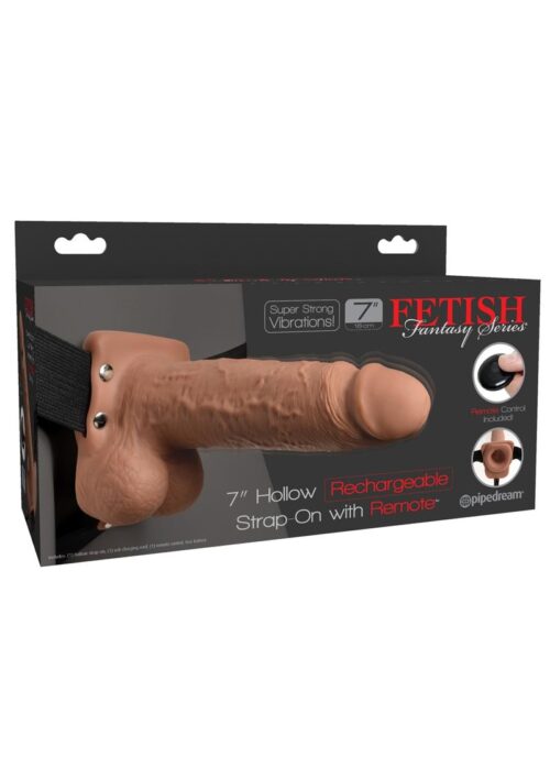 Fetish Fantasy Series Hollow Rechargeable Strap-On Dildo with Balls and Harness with Remote Control 7in - Caramel