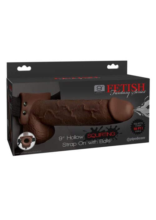 Fetish Fantasy Series Hollow Squirting Strap-On Dildo with Balls and Harness 9in - Chocolate