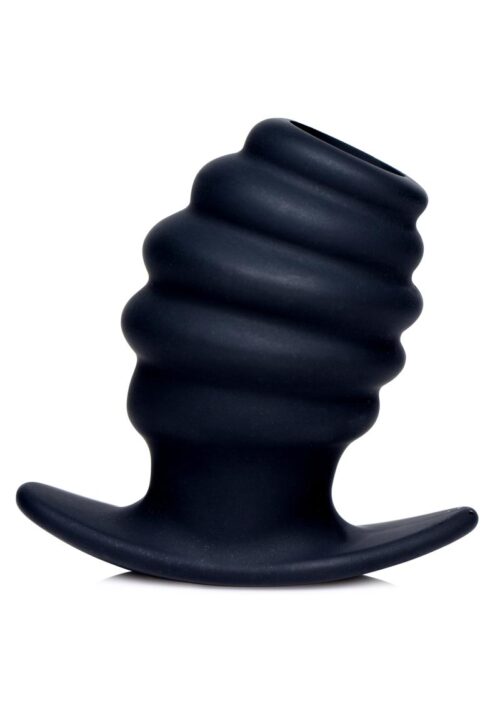 Master Series Silicone Ribbed Hollow Anal Plug - Small - Black