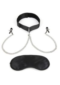 Lux Fetish Collar and Nipple Clamps with Adjustable Clamps - Black