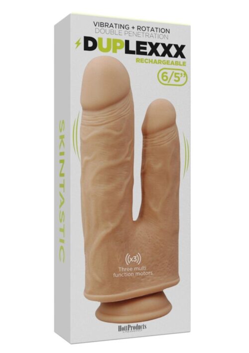 Skintastic Vibrating and Rotation Double Penetration Duplexxx Dildo Silicone Waterproof 6in/5in - Vanilla