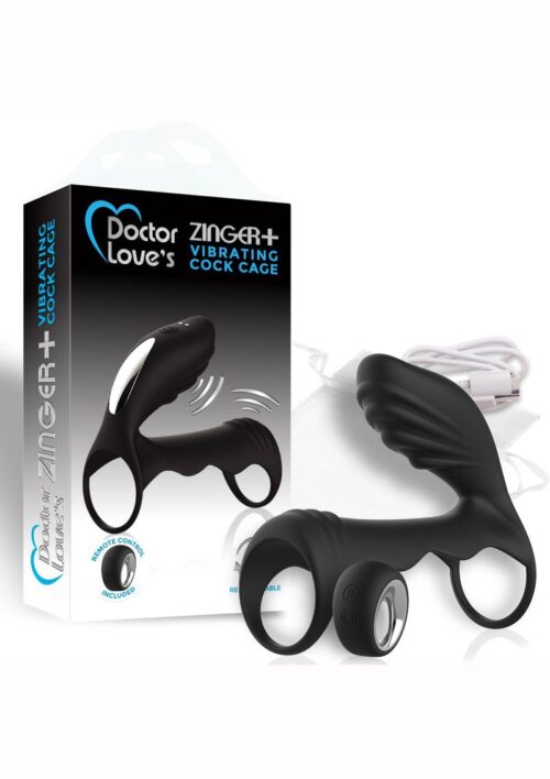Doctor Love`s Zinger Plus Silicone Rechargeable Vibrating Cock Cage with Remote Control - Black