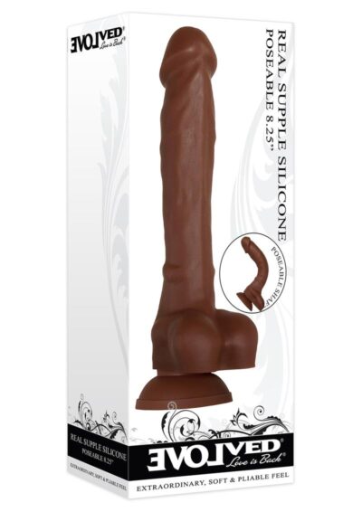 Real Supple Poseable Silicone Dildo with Balls 8.25 in - Chocolate