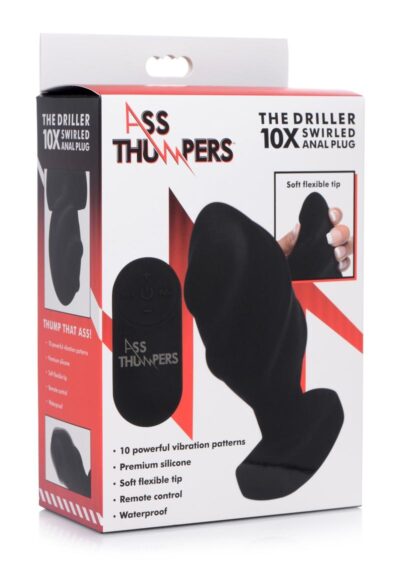Ass Thumpers The Driller 10X Vibrating Swirled Silicone Anal Plug - Black