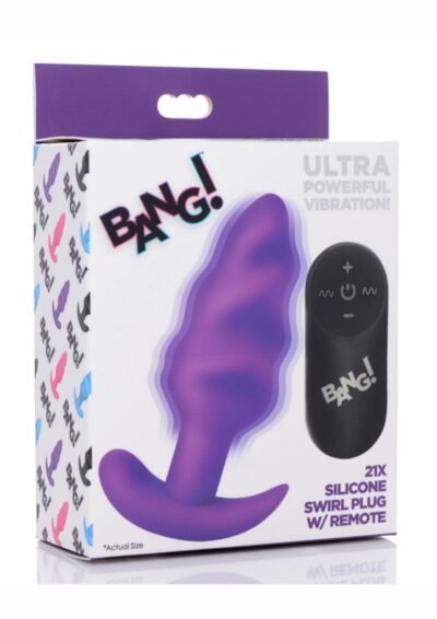 Bang! 21x Vibrating Silicone Rechargeable Swirl Butt Plug with Remote Control - Purple