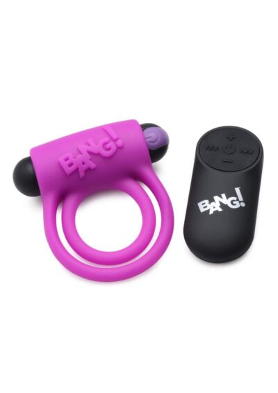 Bang! Silicone Rechargeable Cock Ring and Bullet with Remote Control - Purple