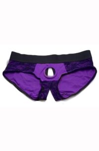 Strap U Lace Envy Lace Crotchless Panty Harness - Small/Medium - Purple/Black
