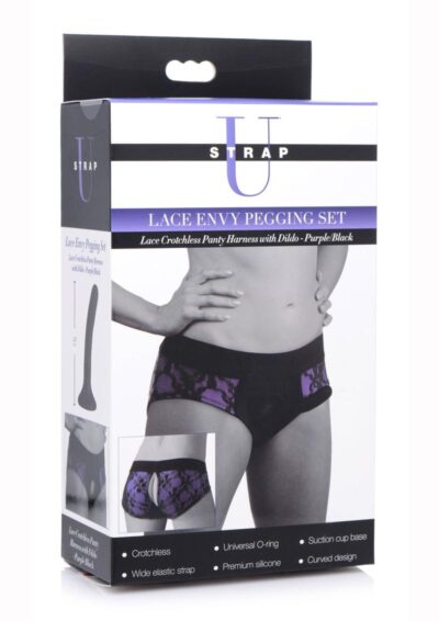Strap U Lace Envy Pegging Set with Lace Crotchless Panty Harness and Dildo 5in - L/XL - Purple/Black