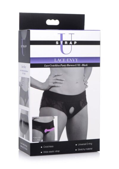 Lace Envy Black Crotchless Panty Harness - L/XL - Black