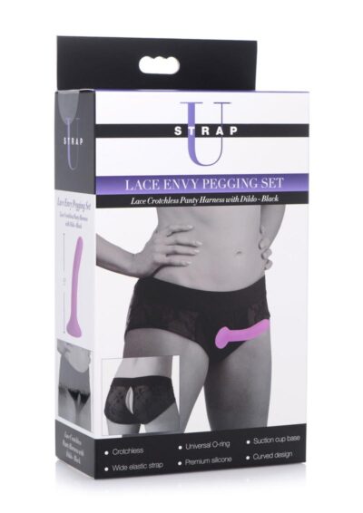 Strap U Lace Envy Pegging Set Crotchless Panty Harness and Dildo 5in - L/XL - Black