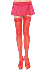 Leg Avenue Sheer Nylon Thigh High with Lace Top - O/S - Red