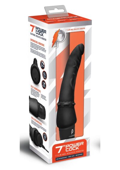 Powercocks Silicone Rechargeable Slim Anal Realistic Vibrator 7in - Black