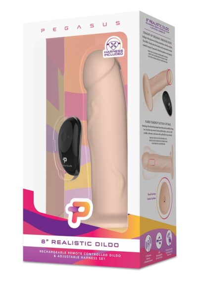 Pegasus Realistic Silicone Rechargeable Dildo with Remote Control and Adjustable Harness Set 8in - Vanilla