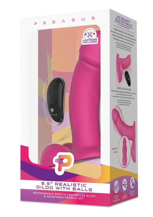 Pegasus Realistic Silicone Rechargeable Dildo with Balls with Remote Control and Adjustable Harness Set 6.5in - Pink