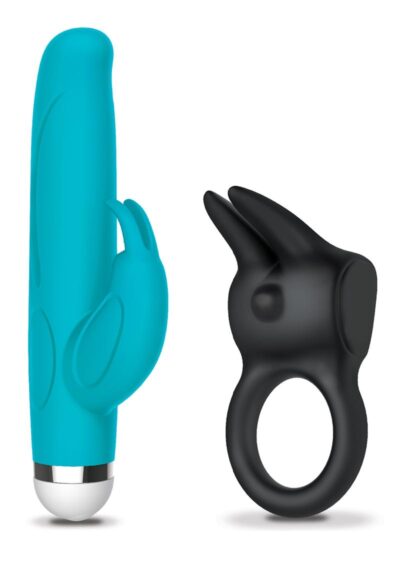 The Mini Rabbit andamp; Rabbit Love Ring Silicone Rechargeable Couple`s Playtime Set - Blue/Black