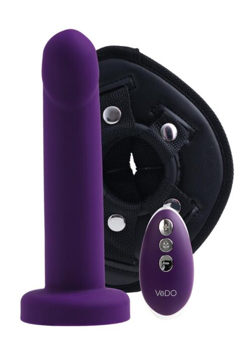 Strapped Silicone Rechargeable Vibrating Strap On With Remote Control- Deep Purple