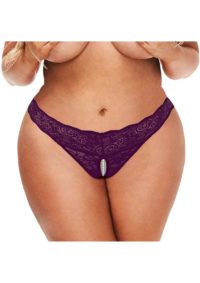Secret Kisses Lace andamp; Pearl Crotchless Thong - Queen - Purple