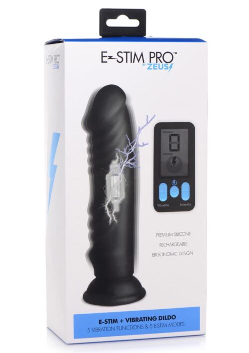 Zeus Vibrating and E-Stim Rechargeable Silicone Dildo with Remote Control 7.9in - Black