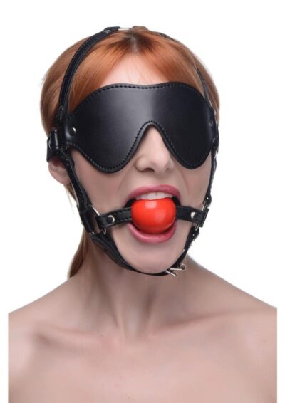Blindfold Harness with Ball Gag - Black/Red