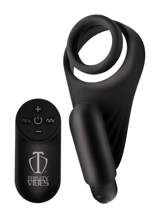 Trinity 4 Men Silicone Rechargeable C-Ring with Vibrating Taint Stimulator and Remote Control - Black