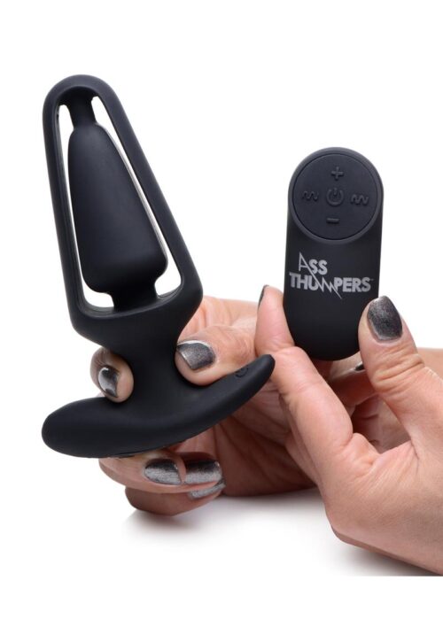 Ass Thumpers Power Plug 7x Silicone Rechargeable Hollow Anal Plug with Remote Control - Black