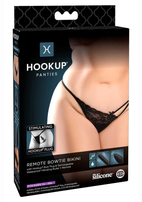 Hookup Panties Silicone Rechargeable Remote Control Bowtie Bikini Panty Vibe - XL/2XL - Black