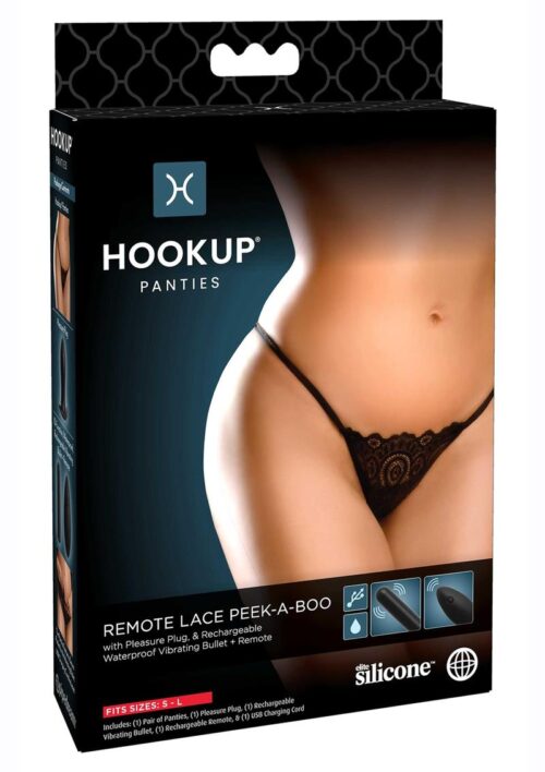 Hookup Panties Silicone Rechargeable Lace Peek-a-Boo Panty Vibe with Remote Control- SM/LG - Black