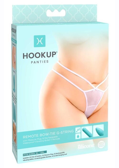 Hookup Panties Silicone Rechargeable Bowtie G-String Panty Vibe with Remote Control - XL/2XL - White/Blue