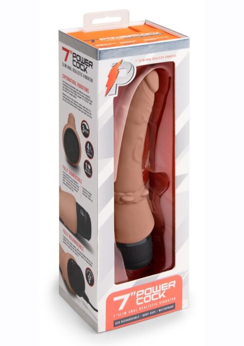 Powercocks Silicone Rechargeable Slim Anal Realistic Vibrator 7in - Mocha