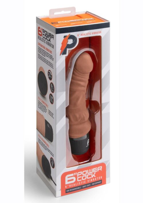 Powercocks Silicone Rechargeable Realistic Vibrator 6in - Mocha