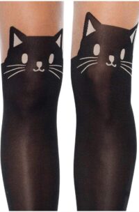 Leg Avenue Black Cat Spandex Opaque Pantyhose with Sheer Thigh Accent - O/S - Black/Nude