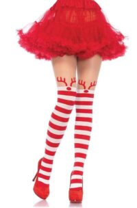 Leg Avenue Rudolph Reindeer Opaque Striped Pantyhose with Sheer Thigh High - O/S - Red/White