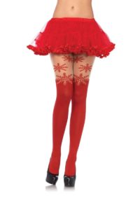 Leg Avenue Spandex Snowflake Opaque Pantyhose with Sheer Thigh Accent - O/S - Red