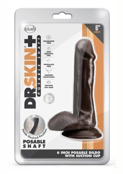 Dr. Skin Plus Posable Dildo with Balls and Suction Cup 6in - Chocolate
