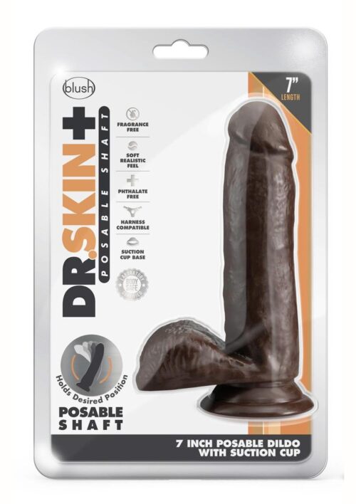 Dr. Skin Plus Posable Dildo with Balls and Suction Cup 7in - Chocolate