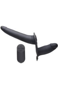 Strap U Vibrating Silicone Double Dildo with Harness and Remote Control - Black