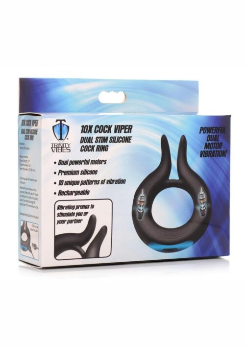 Trinity Men 10X Cock Viper Dual Stimulating Rechargeable Silicone Cock Ring - Black