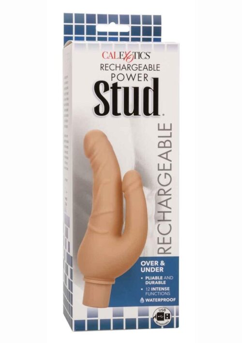 Rechargeable Power Stud Over and Under Silicone Vibrating Double Dong - Vanilla