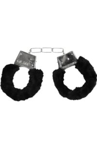 Ouch! Pleasure Furry Hand Cuffs with Quick Release Button - Black