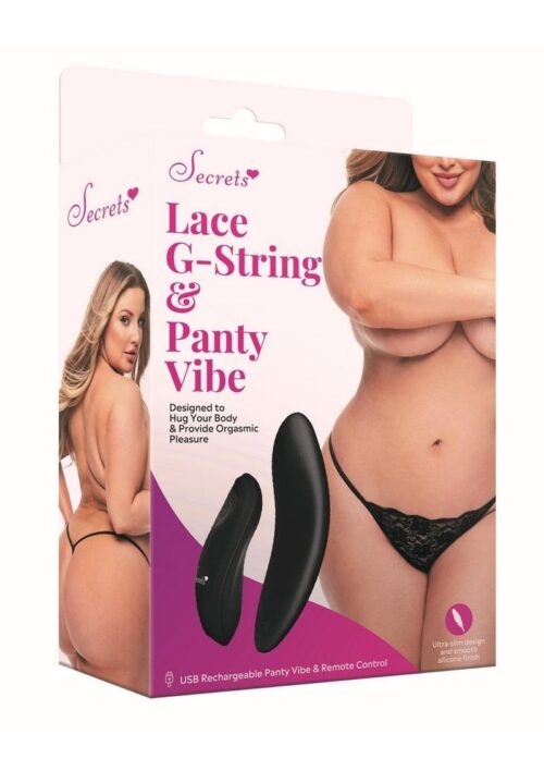 Secrets Rechargeable Silicone Lace G-String and Panty Vibe - Queen - Black